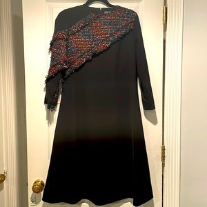 Black Margot Clémence dress with leather trimming and multicolor strip. Size 8.